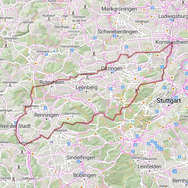 Map miniature of "Gravel Adventure to Magstadt and Glemsbalkon" cycling inspiration in Stuttgart, Germany. Generated by Tarmacs.app cycling route planner