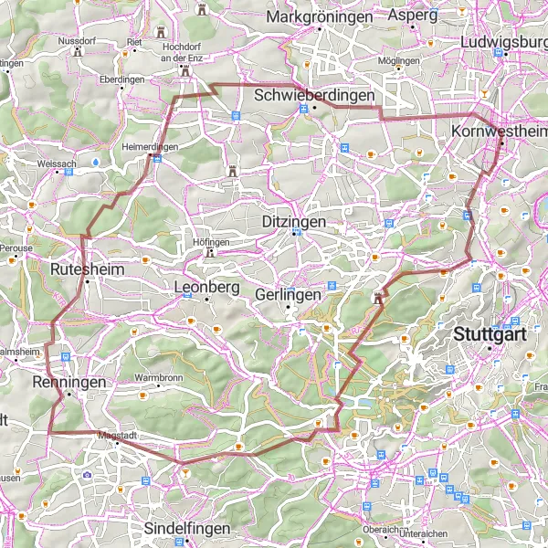 Map miniature of "Killesbergturm and Renningen Gravel Loop" cycling inspiration in Stuttgart, Germany. Generated by Tarmacs.app cycling route planner