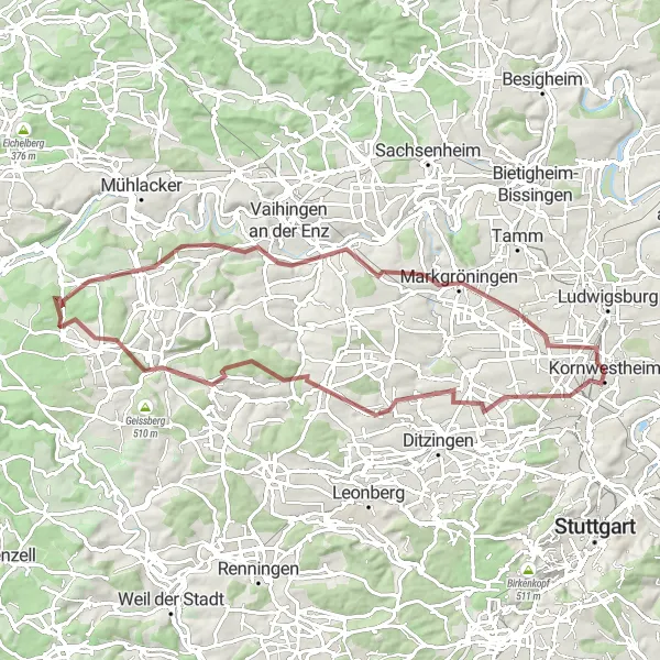 Map miniature of "Stammheim-Wurmberg Adventure" cycling inspiration in Stuttgart, Germany. Generated by Tarmacs.app cycling route planner