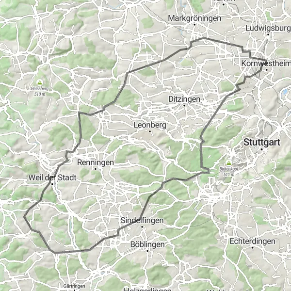 Karten-Miniaturansicht der Radinspiration "Schloss Solitude und Weil der Stadt - Bike-Tour" in Stuttgart, Germany. Erstellt vom Tarmacs.app-Routenplaner für Radtouren