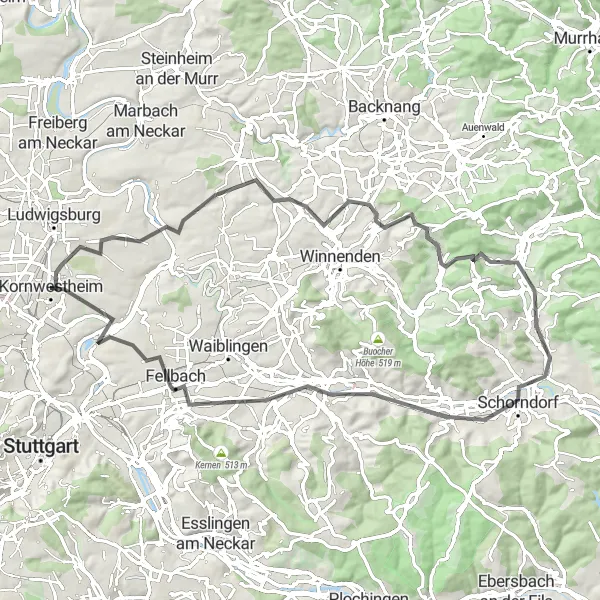 Map miniature of "Pattonville and Winterbach Road Ride" cycling inspiration in Stuttgart, Germany. Generated by Tarmacs.app cycling route planner