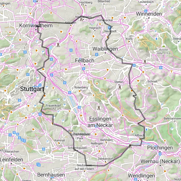 Map miniature of "Waiblingen-Neuhausen Loop" cycling inspiration in Stuttgart, Germany. Generated by Tarmacs.app cycling route planner