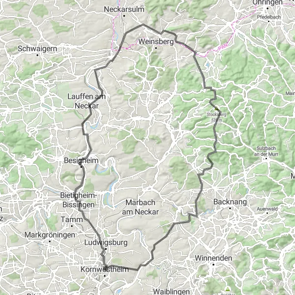 Map miniature of "Bietigheim-Wurttemberg Adventure" cycling inspiration in Stuttgart, Germany. Generated by Tarmacs.app cycling route planner