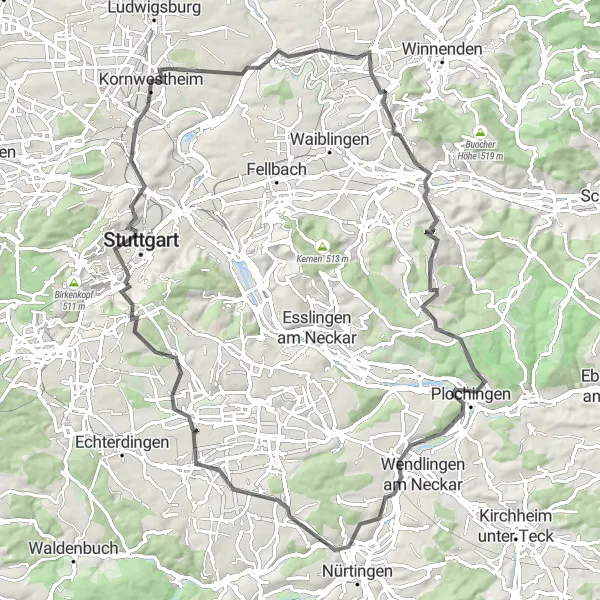 Karten-Miniaturansicht der Radinspiration "Hügelige Straßen und grüne Weiten" in Stuttgart, Germany. Erstellt vom Tarmacs.app-Routenplaner für Radtouren