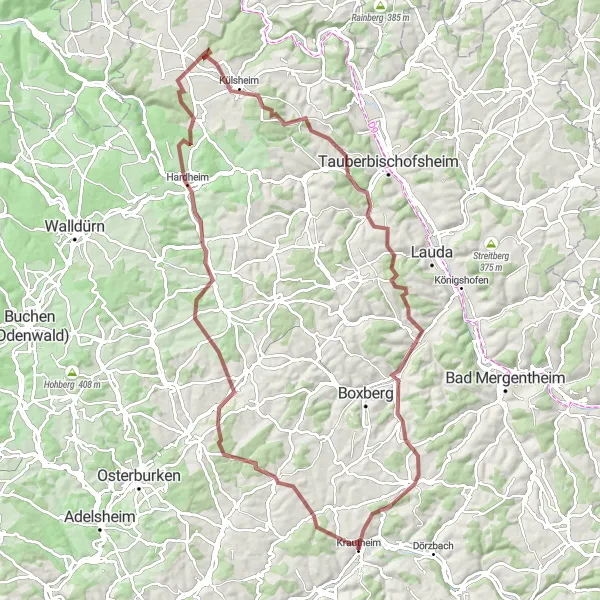 Map miniature of "Ultimate Gravel Challenge: Krautheim Extended Route" cycling inspiration in Stuttgart, Germany. Generated by Tarmacs.app cycling route planner