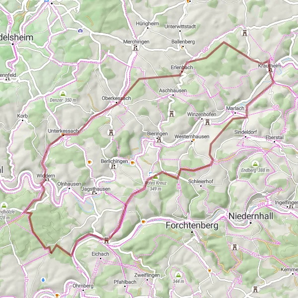 Karten-Miniaturansicht der Radinspiration "Scenic Gravel-Radtour um Krautheim" in Stuttgart, Germany. Erstellt vom Tarmacs.app-Routenplaner für Radtouren
