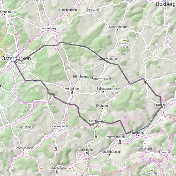 Map miniature of "Countryside Road Cycling: Krautheim Loop" cycling inspiration in Stuttgart, Germany. Generated by Tarmacs.app cycling route planner