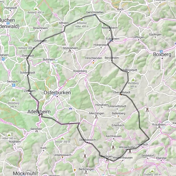 Map miniature of "Scenic Road Cycling Tour: Krautheim Circuit" cycling inspiration in Stuttgart, Germany. Generated by Tarmacs.app cycling route planner
