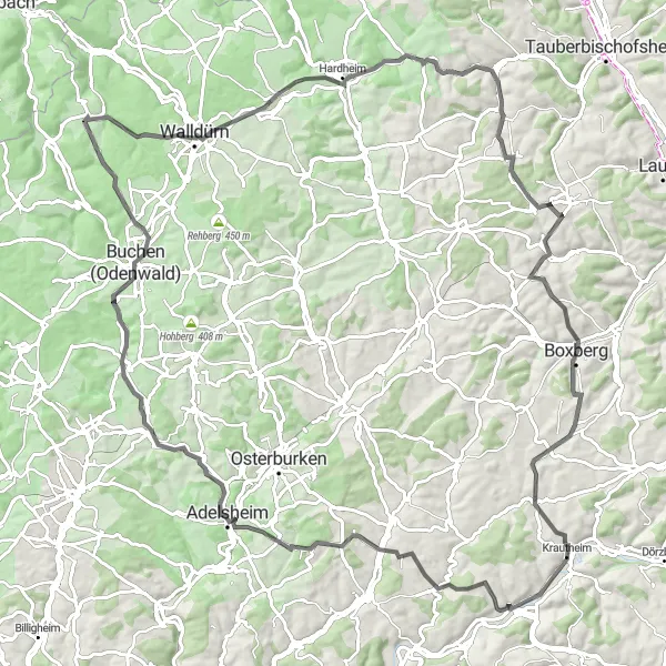 Map miniature of "A Scenic Excursion through Odenwald" cycling inspiration in Stuttgart, Germany. Generated by Tarmacs.app cycling route planner
