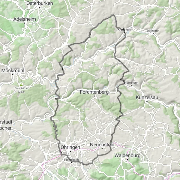 Map miniature of "Jagst Valley Escape" cycling inspiration in Stuttgart, Germany. Generated by Tarmacs.app cycling route planner