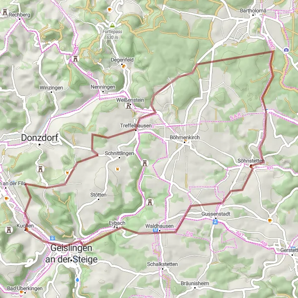 Karten-Miniaturansicht der Radinspiration "Gravel Tour rund um Kuchen" in Stuttgart, Germany. Erstellt vom Tarmacs.app-Routenplaner für Radtouren
