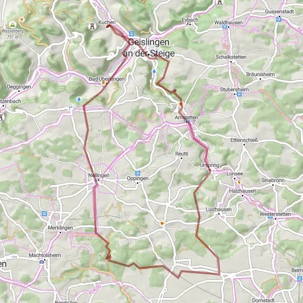 Map miniature of "Kuchen to Urspring Gravel Ride" cycling inspiration in Stuttgart, Germany. Generated by Tarmacs.app cycling route planner