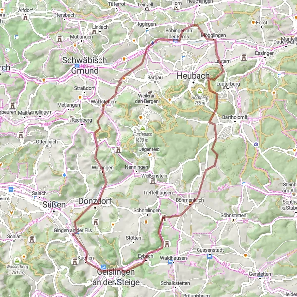 Map miniature of "Gravel Adventure in Stuttgart" cycling inspiration in Stuttgart, Germany. Generated by Tarmacs.app cycling route planner