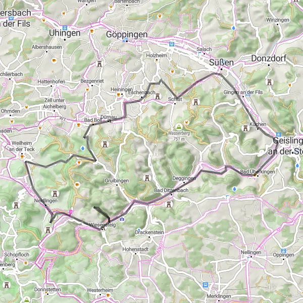 Karten-Miniaturansicht der Radinspiration "Road Tour durch Kuchen und Umgebung" in Stuttgart, Germany. Erstellt vom Tarmacs.app-Routenplaner für Radtouren