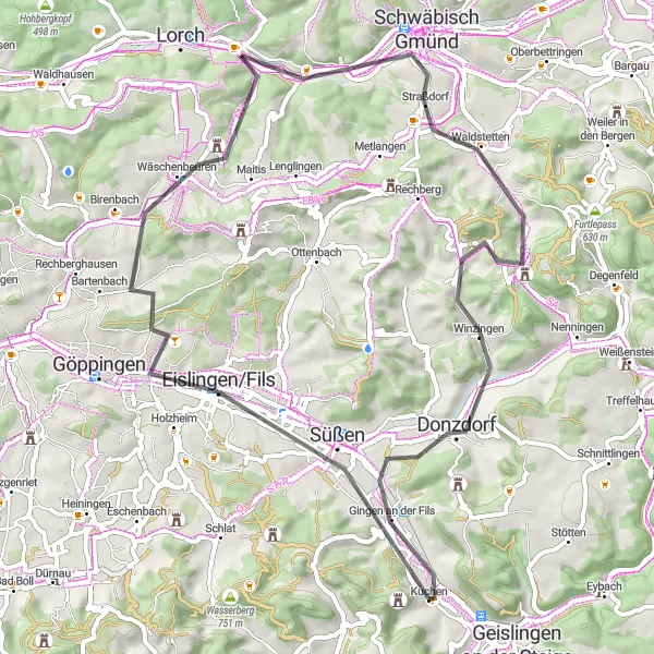 Map miniature of "The Castle Tour" cycling inspiration in Stuttgart, Germany. Generated by Tarmacs.app cycling route planner