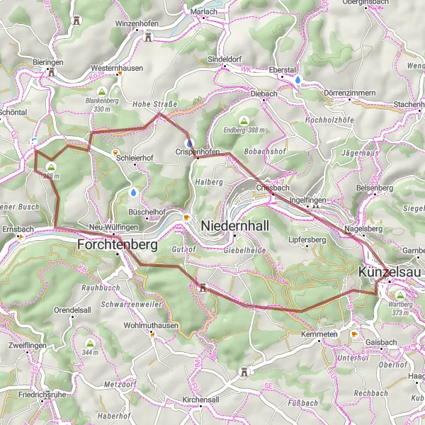 Map miniature of "Gravel Escape: Beautiful Landscapes and Charming Villages" cycling inspiration in Stuttgart, Germany. Generated by Tarmacs.app cycling route planner