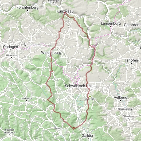 Map miniature of "Gravel Adventure: The Hills and Valleys of Künzelsau" cycling inspiration in Stuttgart, Germany. Generated by Tarmacs.app cycling route planner