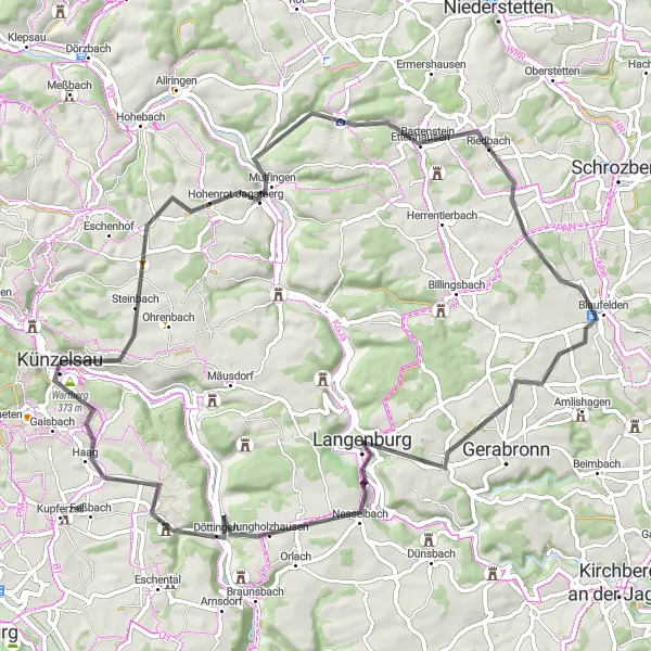 Map miniature of "Exploring Mulfingen and Langenburg in Stuttgart" cycling inspiration in Stuttgart, Germany. Generated by Tarmacs.app cycling route planner