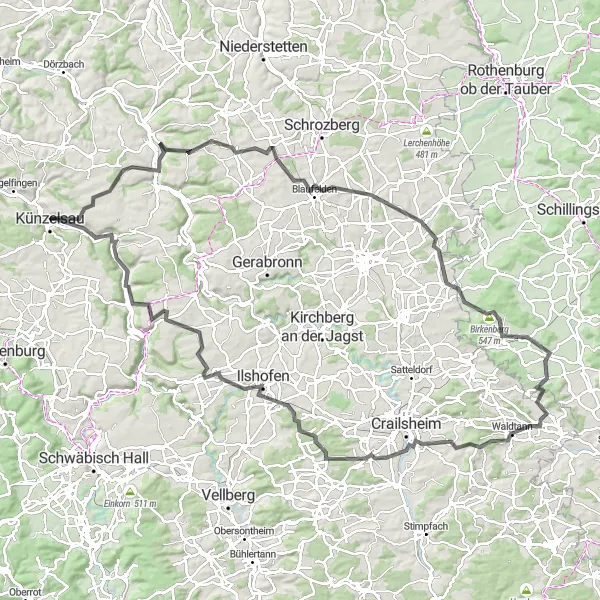 Map miniature of "Mulfingen Loop" cycling inspiration in Stuttgart, Germany. Generated by Tarmacs.app cycling route planner