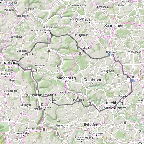 Map miniature of "Mulfingen and Kocherstetten Discovery" cycling inspiration in Stuttgart, Germany. Generated by Tarmacs.app cycling route planner