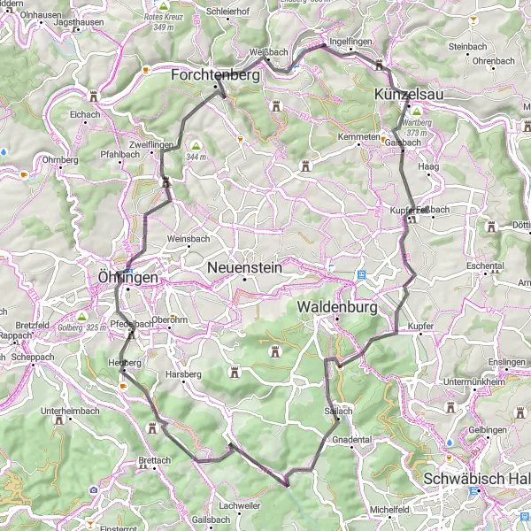 Map miniature of "Wartberg and Öhringen Adventure" cycling inspiration in Stuttgart, Germany. Generated by Tarmacs.app cycling route planner