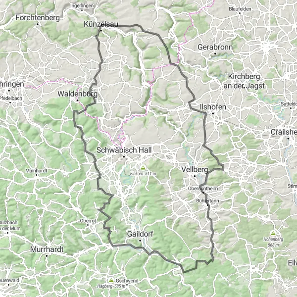 Karten-Miniaturansicht der Radinspiration "Auf den Spuren von Kupferzell" in Stuttgart, Germany. Erstellt vom Tarmacs.app-Routenplaner für Radtouren