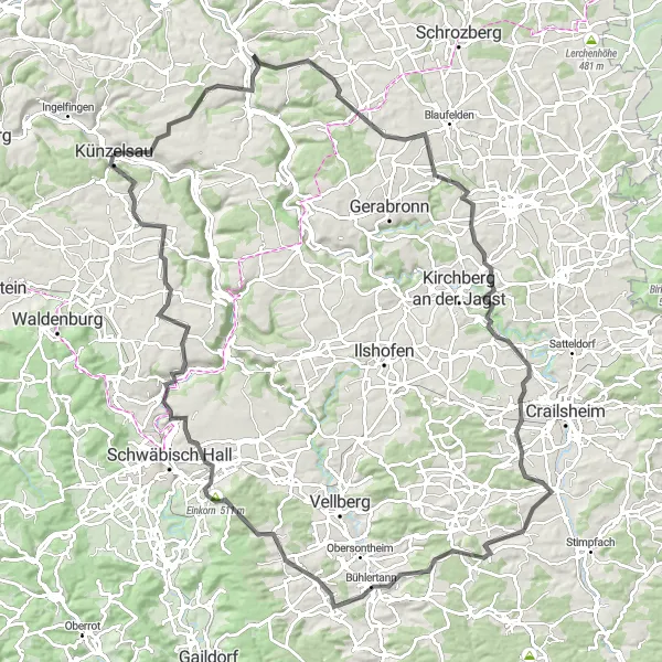 Karten-Miniaturansicht der Radinspiration "Mulfingen Burg Amlishagen Rundweg" in Stuttgart, Germany. Erstellt vom Tarmacs.app-Routenplaner für Radtouren