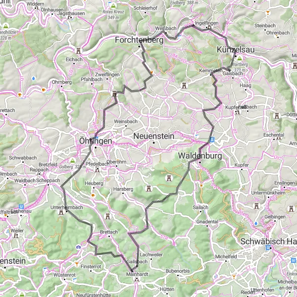 Map miniature of "Journey to the Land of Castles" cycling inspiration in Stuttgart, Germany. Generated by Tarmacs.app cycling route planner