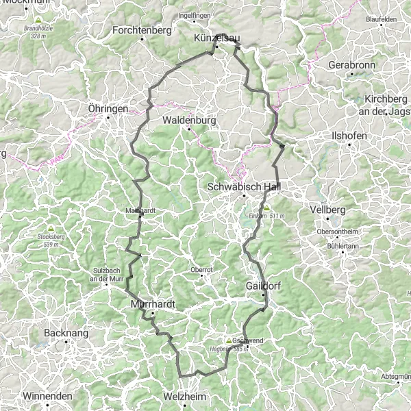 Map miniature of "Road Cycling Adventure: Discover the Treasures of Künzelsau" cycling inspiration in Stuttgart, Germany. Generated by Tarmacs.app cycling route planner