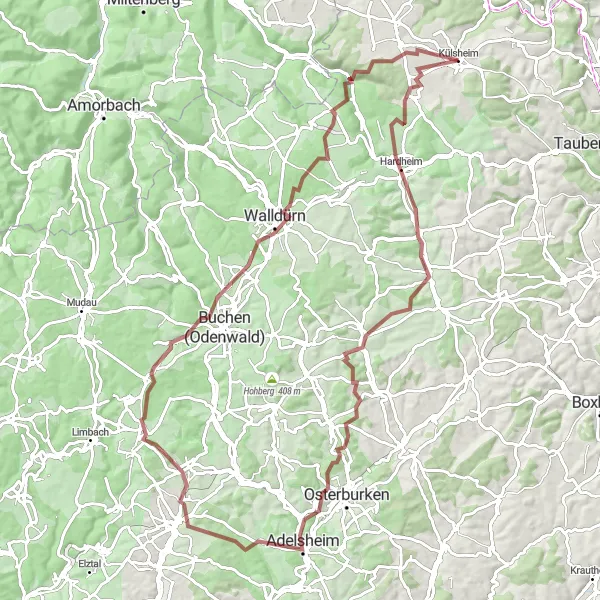 Map miniature of "Gravel Adventure from Külsheim to Walldürn" cycling inspiration in Stuttgart, Germany. Generated by Tarmacs.app cycling route planner