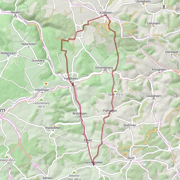 Map miniature of "Gravel Route around Külsheim" cycling inspiration in Stuttgart, Germany. Generated by Tarmacs.app cycling route planner