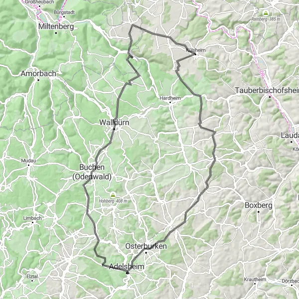 Map miniature of "Scenic Road Cycling Route to Walldürn" cycling inspiration in Stuttgart, Germany. Generated by Tarmacs.app cycling route planner