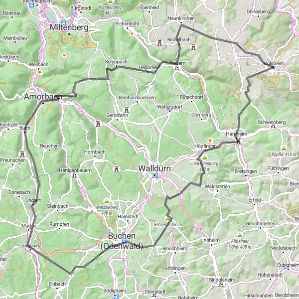 Map miniature of "Külsheim to Büchen along Geisberg and Höpfingen" cycling inspiration in Stuttgart, Germany. Generated by Tarmacs.app cycling route planner