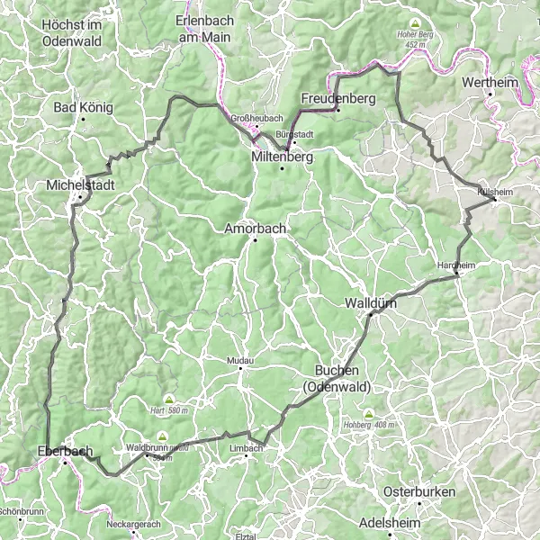 Map miniature of "Odenwald Escape - Külsheim Road Cycling Adventure" cycling inspiration in Stuttgart, Germany. Generated by Tarmacs.app cycling route planner