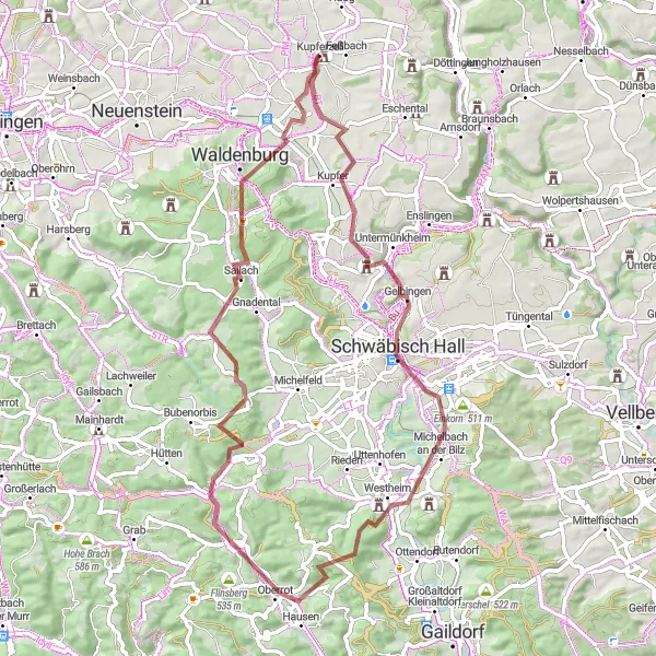 Map miniature of "Untermünkheim to Residenzschloss Kupferzell" cycling inspiration in Stuttgart, Germany. Generated by Tarmacs.app cycling route planner