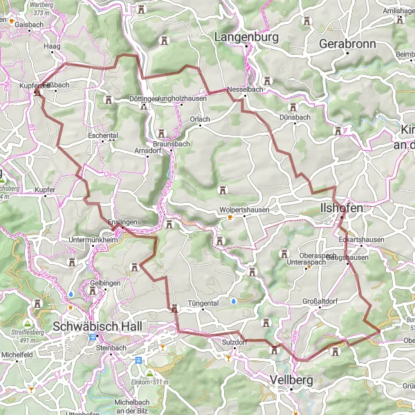 Map miniature of "Gravel Adventure in Hohenlohe" cycling inspiration in Stuttgart, Germany. Generated by Tarmacs.app cycling route planner