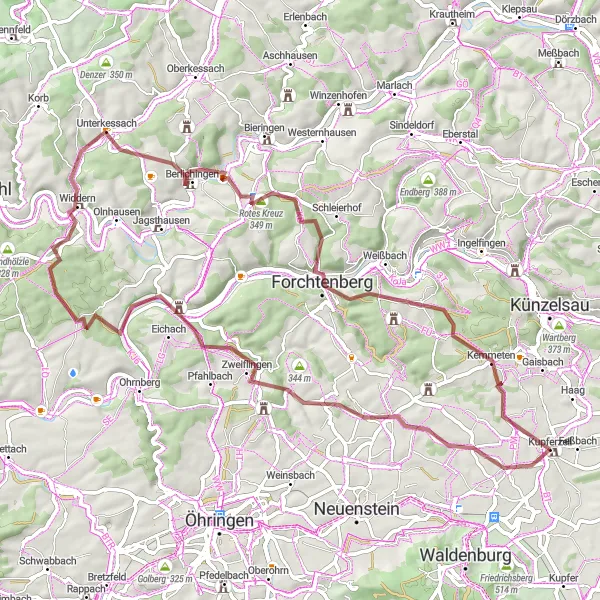 Karten-Miniaturansicht der Radinspiration "Gravel-Tour durch Sindringen und Forchtenberg" in Stuttgart, Germany. Erstellt vom Tarmacs.app-Routenplaner für Radtouren
