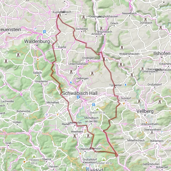 Map miniature of "Gravel Tour through Hohenlohe" cycling inspiration in Stuttgart, Germany. Generated by Tarmacs.app cycling route planner