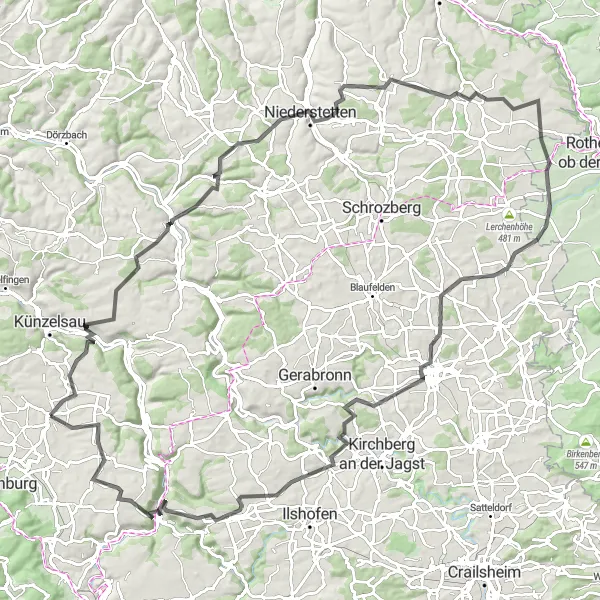 Map miniature of "Morsbach to Kupferzell" cycling inspiration in Stuttgart, Germany. Generated by Tarmacs.app cycling route planner