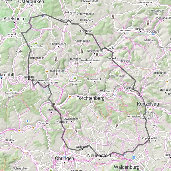 Karten-Miniaturansicht der Radinspiration "Rundtour um Neuenstein und Mühlberg" in Stuttgart, Germany. Erstellt vom Tarmacs.app-Routenplaner für Radtouren