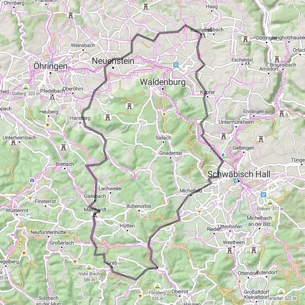 Karten-Miniaturansicht der Radinspiration "Abenteuertour durch Michelfeld und Mainhardt" in Stuttgart, Germany. Erstellt vom Tarmacs.app-Routenplaner für Radtouren