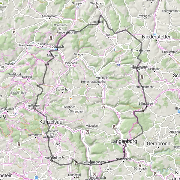 Karten-Miniaturansicht der Radinspiration "Schloss und Bergtour bei Kupferzell" in Stuttgart, Germany. Erstellt vom Tarmacs.app-Routenplaner für Radtouren