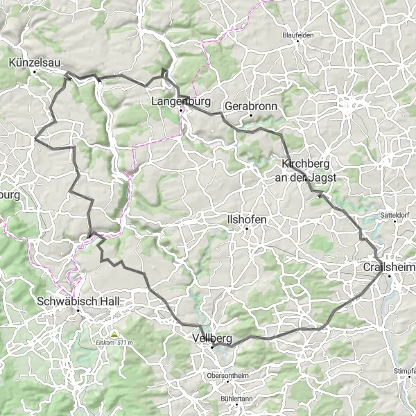 Map miniature of "Challenging Hills of Hohenlohe" cycling inspiration in Stuttgart, Germany. Generated by Tarmacs.app cycling route planner