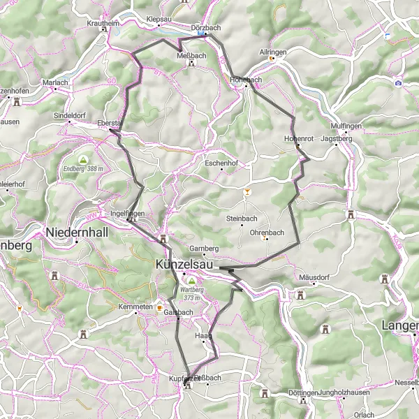 Map miniature of "Country Roads of Hohenlohe" cycling inspiration in Stuttgart, Germany. Generated by Tarmacs.app cycling route planner