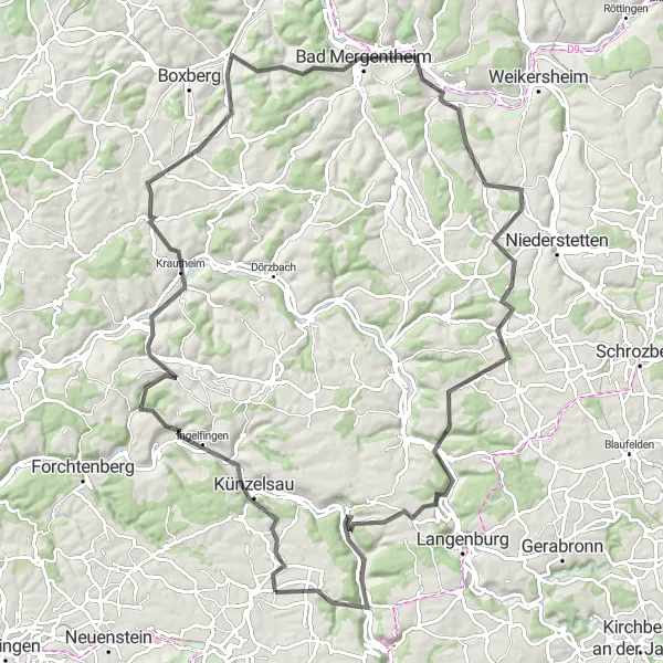 Map miniature of "Künzelsau to Schloss Döttingen Ultimate Adventure" cycling inspiration in Stuttgart, Germany. Generated by Tarmacs.app cycling route planner