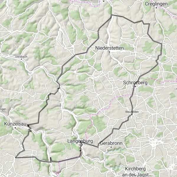 Map miniature of "Morsbach to Kupferzell Grand Tour" cycling inspiration in Stuttgart, Germany. Generated by Tarmacs.app cycling route planner