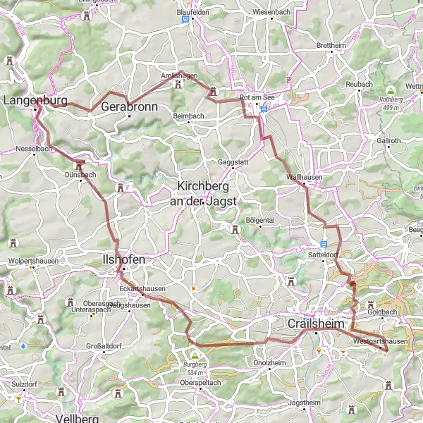 Map miniature of "Gravel Adventure to Satteldorf" cycling inspiration in Stuttgart, Germany. Generated by Tarmacs.app cycling route planner