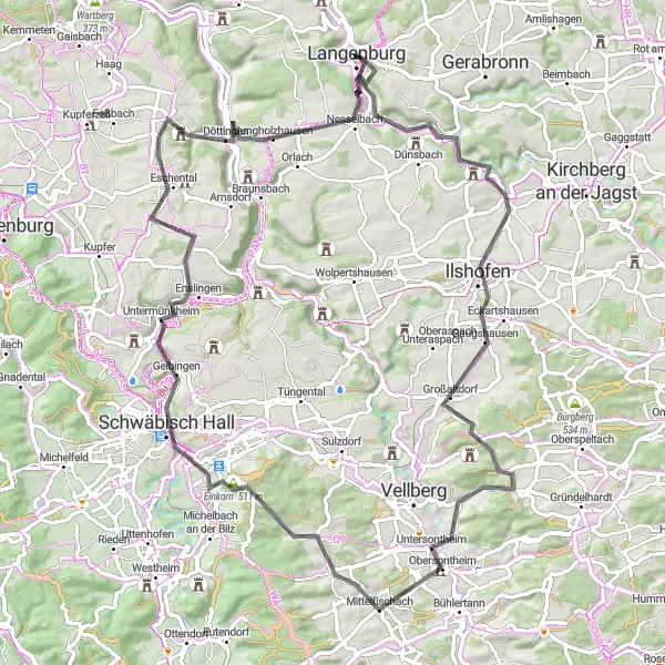 Map miniature of "Nature's Beauty in Hohenlohe" cycling inspiration in Stuttgart, Germany. Generated by Tarmacs.app cycling route planner