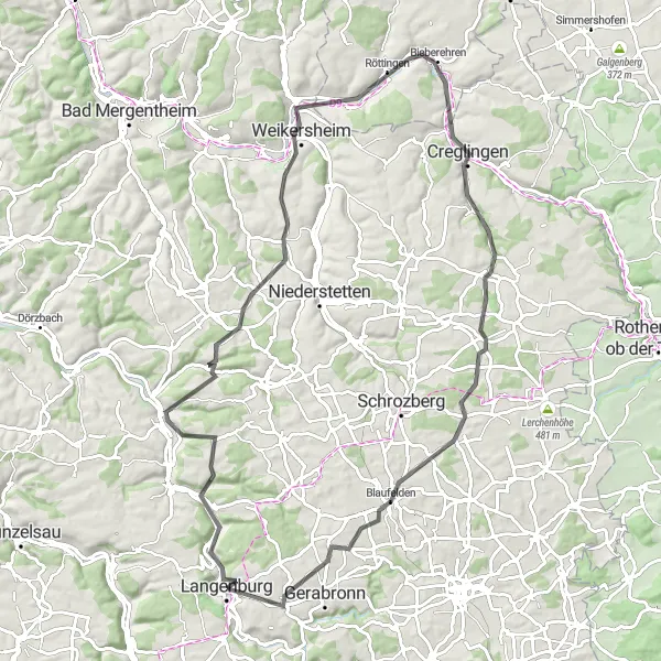 Map miniature of "The Mulfingen Loop" cycling inspiration in Stuttgart, Germany. Generated by Tarmacs.app cycling route planner
