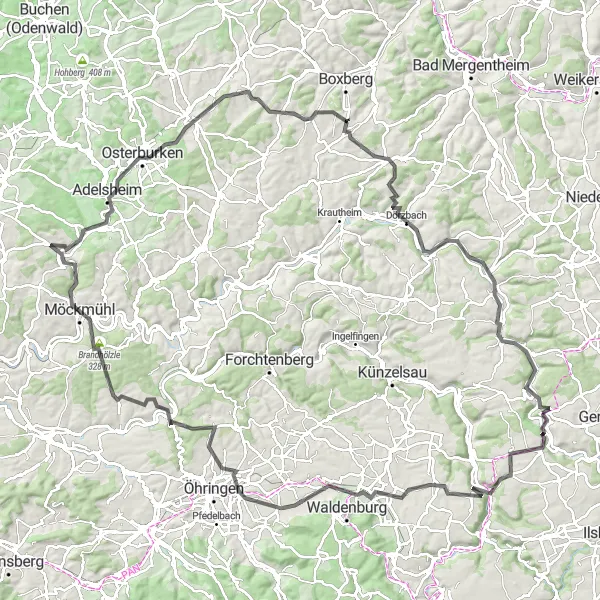 Map miniature of "The Hillside Adventure" cycling inspiration in Stuttgart, Germany. Generated by Tarmacs.app cycling route planner